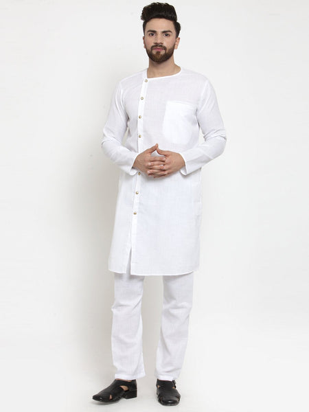 White Kurta With Aligarh Pajama Set in Linen For Men by Luxury at Less