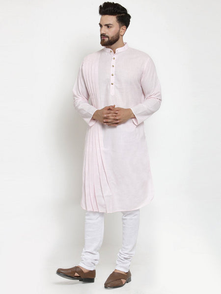 Designer Pink Linen Kurta With Churidar Pajama For Men By Luxury at Less