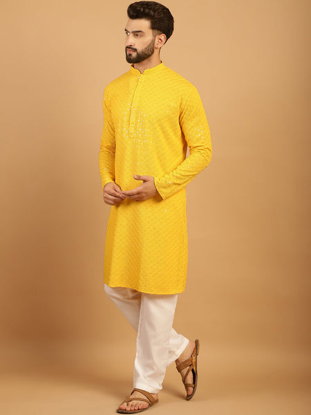 Embellished Sequinned Chikankari Embroidered Yellow Kurta Pajama Set by Luxury at Less