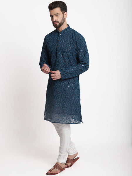 Blue Chikankari Floral Embroidery Kurta With Churidar Pajama by Luxury at Less