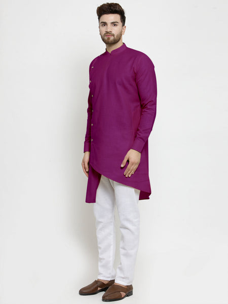 Designer Purple Linen Kurta With White Aligarh Pajama For Men By Luxury at Less