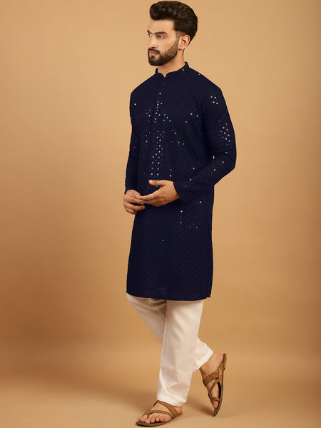 Embellished Sequinned Chikankari Embroidered Navy Blue Kurta Pajama Set by Luxury at Less