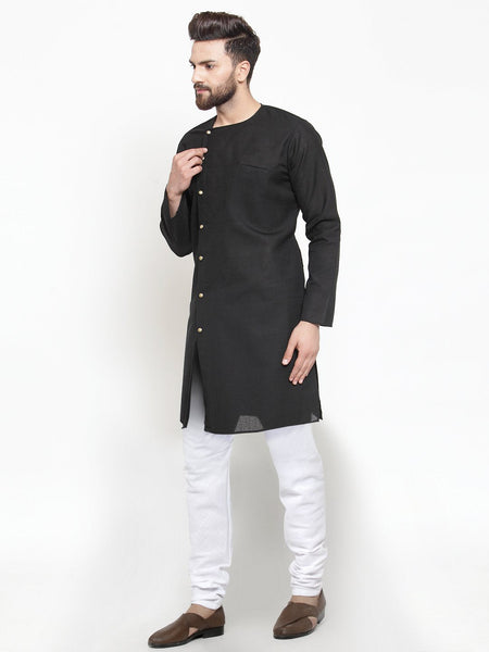 Designer Black Kurta With Churidar Pajama Set in Linen For Men by Luxury at Less