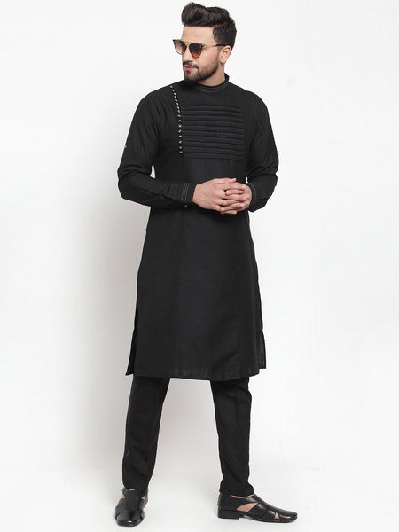 Designer Black Kurta With Aligarh Pajama Set in Linen For Men by Luxury at Less