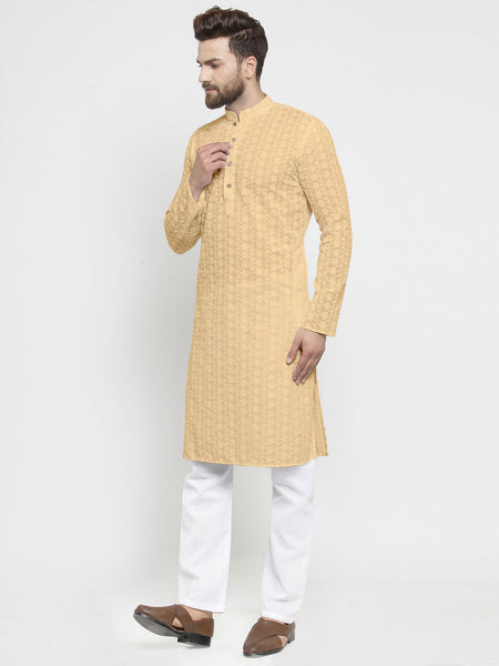 Embroidered Cotton Chikankari Beige Kurta With Aligarh Pajama For Men By Luxury at Less