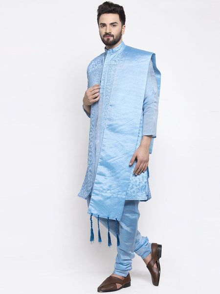 Men's Blue Embroidered Kurta Pajama, Set With Jacket, and Scarf  by Luxury at Less