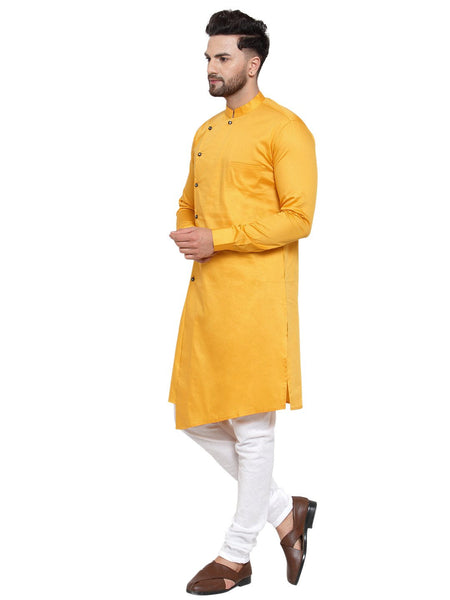 Designer Mustard Yellow Kurta With Churidar Pajama Set For Men By Luxury at Less