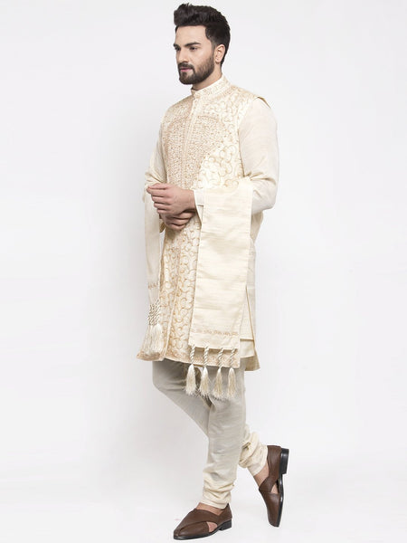 Men's White Embroidered Kurta Pajama Set, With  Jacket, and Scarf by Luxury at Less