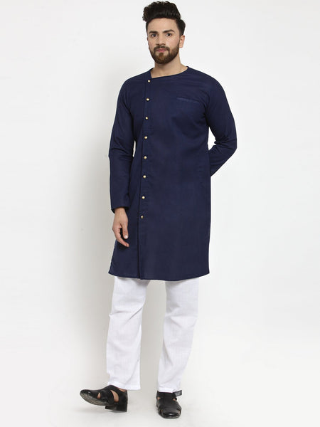 Navy Blue Kurta With Aligarh Pajama Set in Linen for men by Luxury at Less