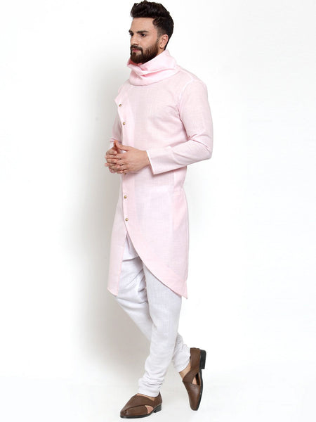 Pink Kurta With Aligarh Pajama Set in Linen For Men by Luxury at Less