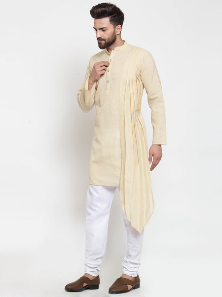 Beige Kurta With Churidar Pajama Set in Linen For Men by Luxury at Less