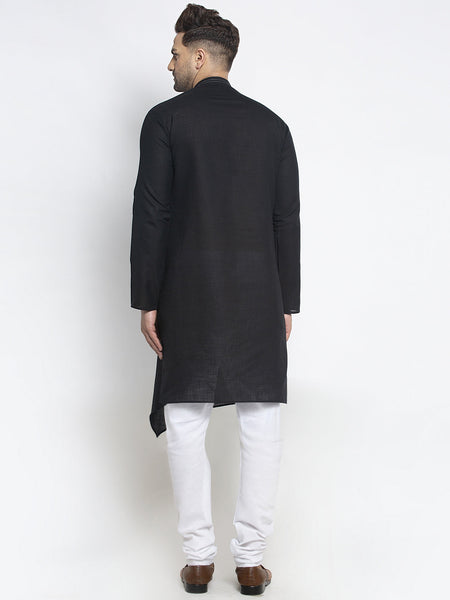 Designer Black Linen Kurta With White Churidar Pajama Set For Men By Luxury at Less