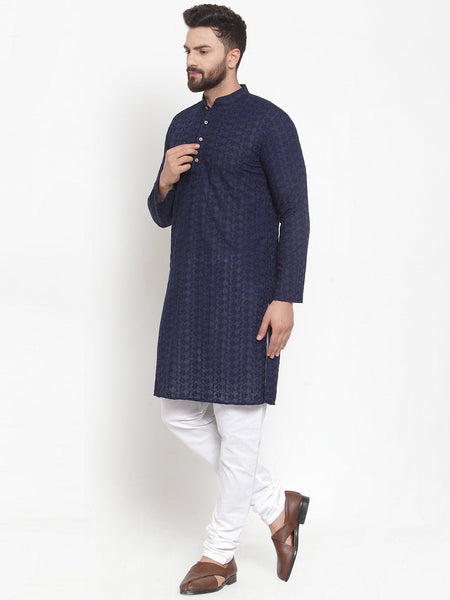 Navy Blue Cotton Chikankari Lucknowi Jaal Embroidered Kurta with Churidar Pajama For Men Luxury at Less