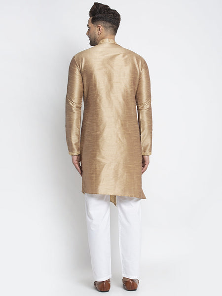 Embellished Brocade Golden Kurta With Aligarh Pajama Set For Men By Luxury at Less