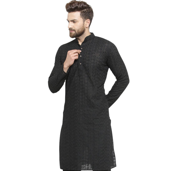 Black Cotton Chikankari Lucknowi Jaal Embroidered Kurta By Luxury at Less