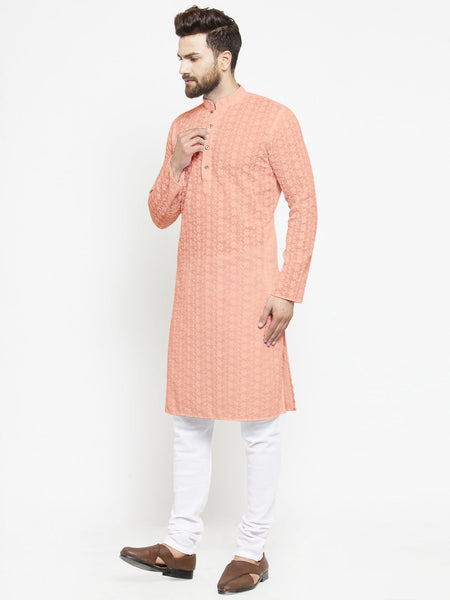 Salmon Pink Chikankari Lucknowi Jaal Embroidered Kurta with Churidar Pajama For Men by Luxury at Less