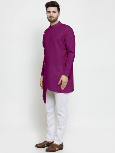 Designer Purple Linen Kurta With White Aligarh Pajama For Men By Luxury at Less