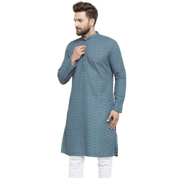 Grey Cotton Chikankari Lucknowi Jaal Embroidered Kurta By Luxury at Less