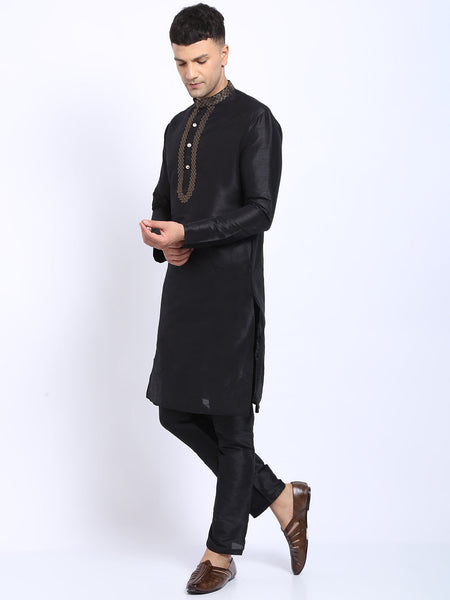 Embellished Black Brocade Kurta with Aligarh Pajama by Luxury at Less