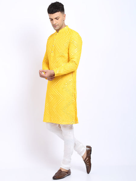 Yellow Georgette Mirror Work Embroidered Kurta with Churidar Pajama by Luxury at Less