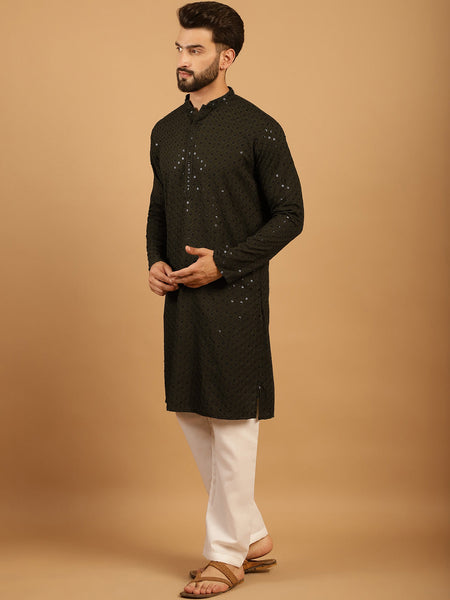 Embellished Sequinned Chikankari Embroidered Dark Mehndi Green Kurta Pajama Set by Luxury at Less