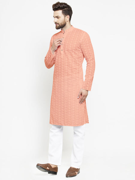 Salmon Pink Chikankari Lucknowi Jaal Embroidered Kurta with Aligarh Pajama by Luxury at Less