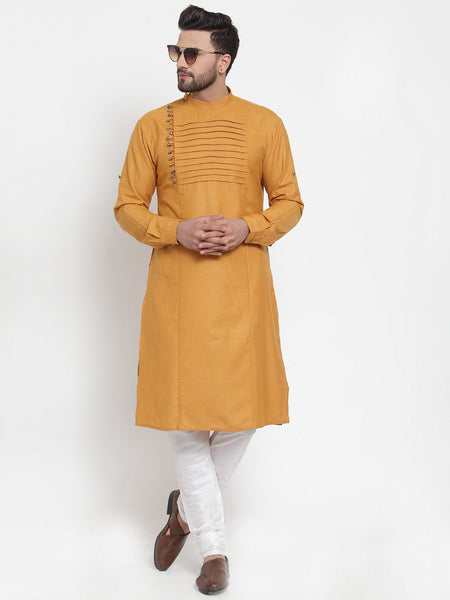 Designer Mustard Yellow Kurta Pajama Churidar Set For Men By Luxury at Less