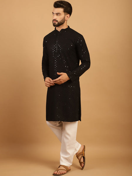 Embellished Sequinned Chikankari Embroidered Black Kurta Pajama Set by Luxury at Less