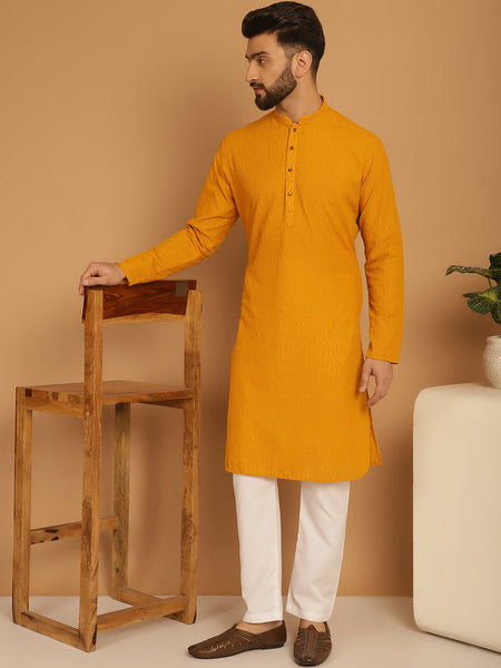 Designer Mustard Yellow Chikankari Embroidered Kurta Pajama Set by Luxury at Less