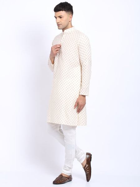 Printed Cream Cotton Kurta with Churidar Pajama by Luxury at Less