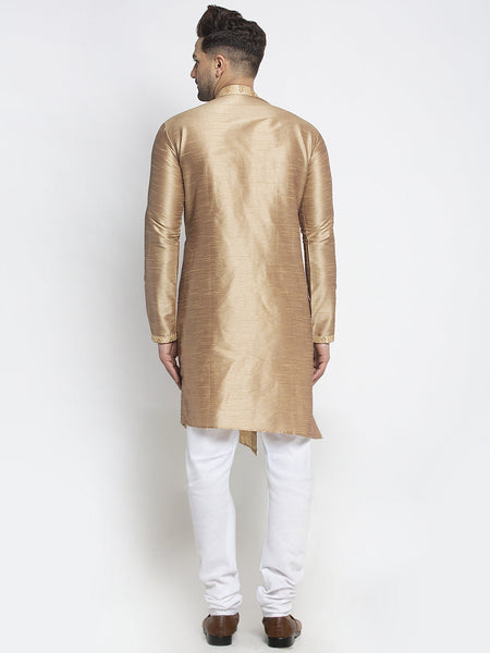 Embellished Brocade Golden Kurta With Churidar Pajama Set For Men By Luxury at Less