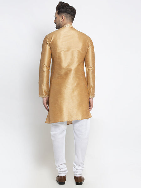 Embellished Brocade Golden Kurta With Churidar Pajama Set For Men By Luxury at Less