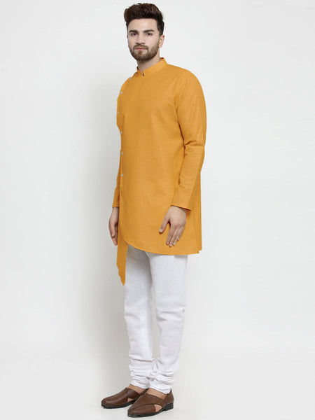 Designer Mustard Yellow Linen Kurta With White Churidar Pajama For Men By Luxury at Less