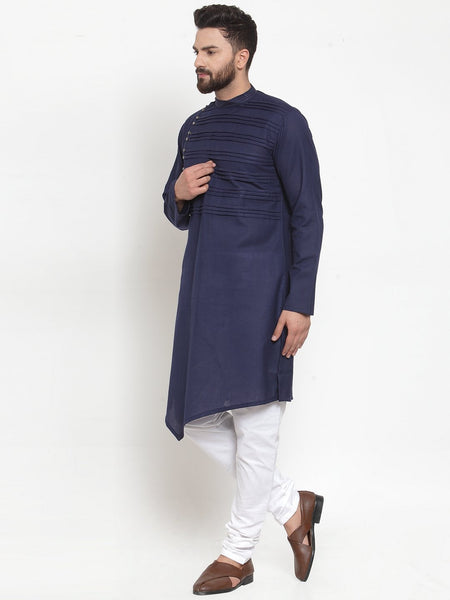 Designer Navy blue Kurta With Churidar Pajama Set in Linen for men by Luxury at Less