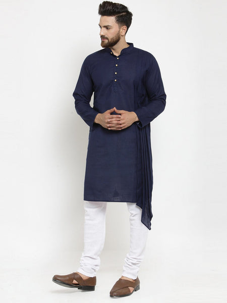 Navy Blue Kurta With Churidar Pajama Set in Linen For Men by Luxury at Less