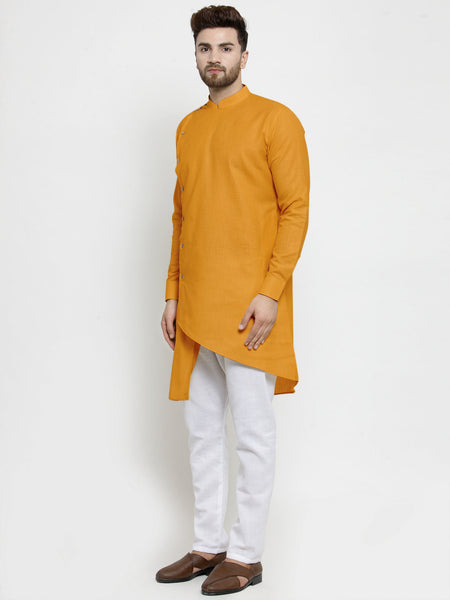 Designer Mustard Yellow Linen Kurta With White Aligarh Pyjama For Men By Luxury at Less