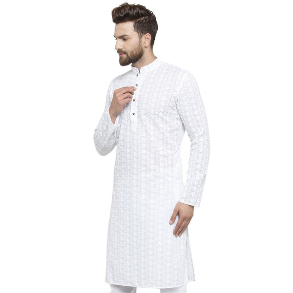 White Cotton Chikankari Lucknowi Jaal Embroidered Kurta By Luxury at Less