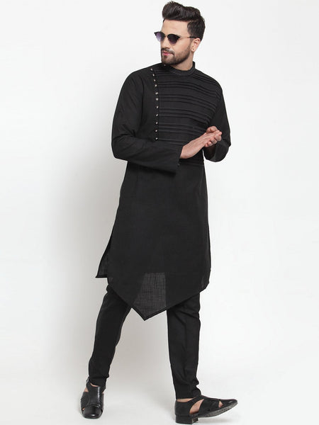 Designer Black Kurta With Aligarh Pajama Set in Linen For Men by Luxury at Less