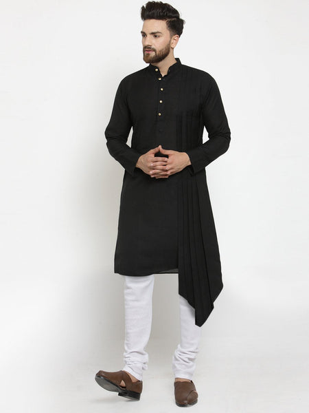 Black Kurta With Churidar Pajama Set in Linen For Men by Luxury at Less