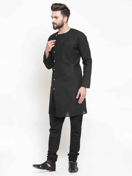 Black Kurta With Churidar Pajama Set in Linen For Men by Luxury at Less