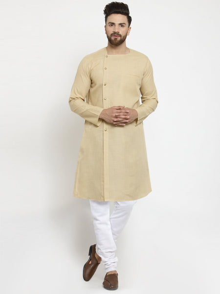 Beige Kurta  With Churidar Pajama Set in Linen For Men by Luxury at Less