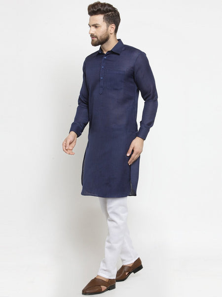 Designer Navy Blue Pathani Lenin Kurta with White Aligarh Pajama by Luxury at Less