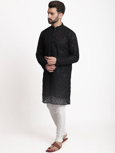 Black Chikankari Floral Embroidery Kurta With Churidar Pajama by Luxury at Less