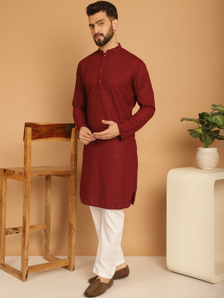 Designer Maroon Chikankari Embroidered Kurta Pajama Set by Luxury at Less