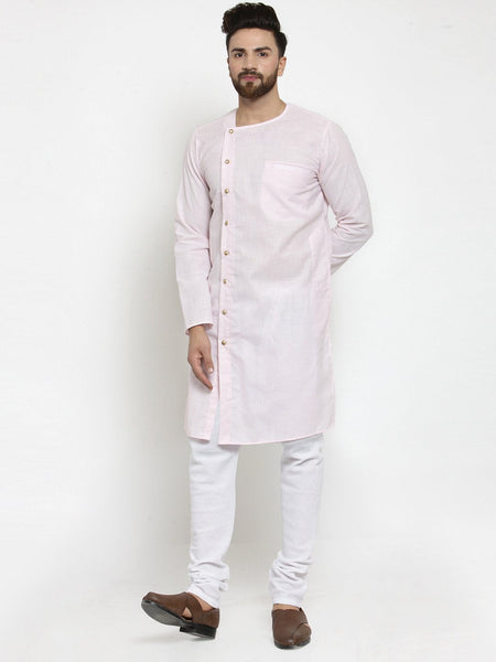 Pink Kurta With Churidar Pajama Set in Linen For Men by Luxury at Less