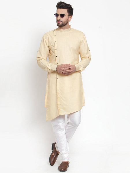 Designer Beige Kurta With Churidar Pajama Set in Linen For Men by Luxury at Less