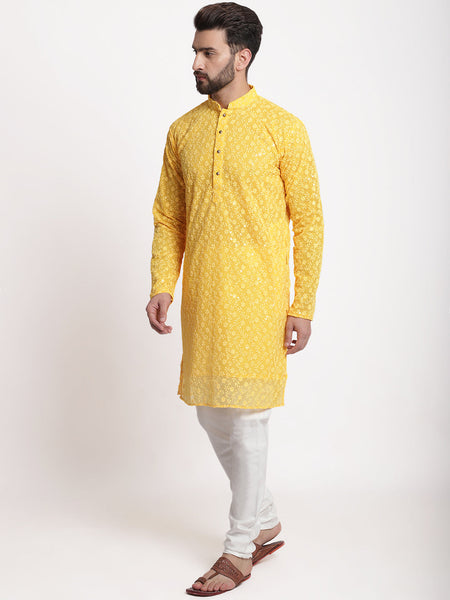 Yellow Chikankari Floral Embroidery Kurta With Churidar Pajama by Luxury at Less