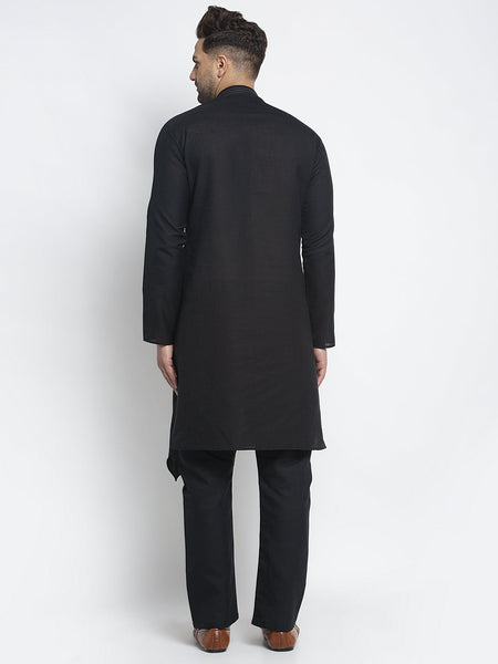 Designer Black Linen Kurta With Aligarh Pajama Set For Men By Luxury at Less