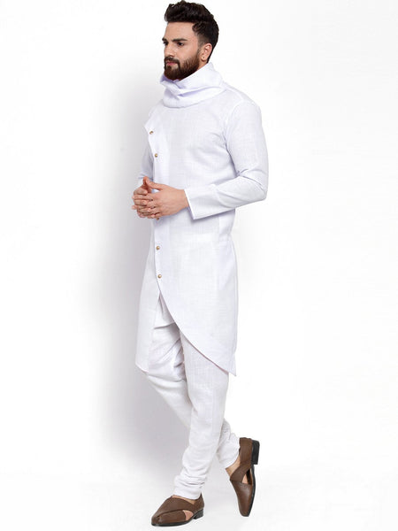 White Kurta With Churidar Pajama Set in Linen For Men by Luxury at Less