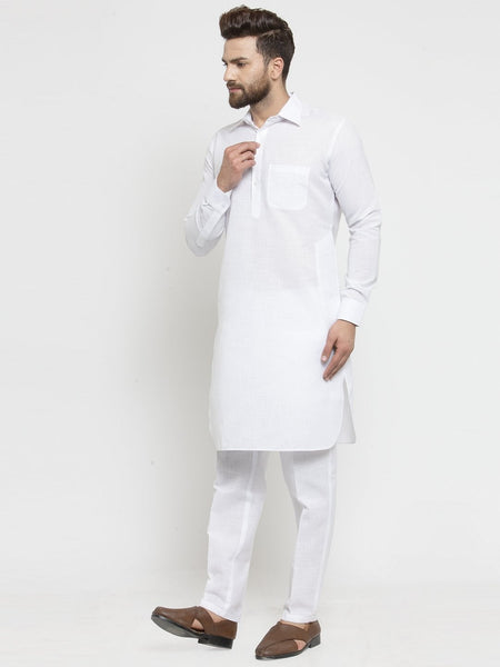 Designer White Pathani Lenin Kurta With Pants for a Royal Look By Luxury at Less